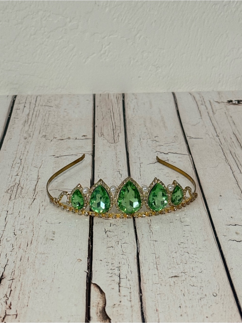 Gold Tiara Headband with Green Gemstones